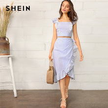 Load image into Gallery viewer, SHEIN Boho Blue Striped Ruffle Trim Shirred Crop