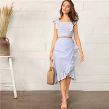 Load image into Gallery viewer, SHEIN Boho Blue Striped Ruffle Trim Shirred Crop